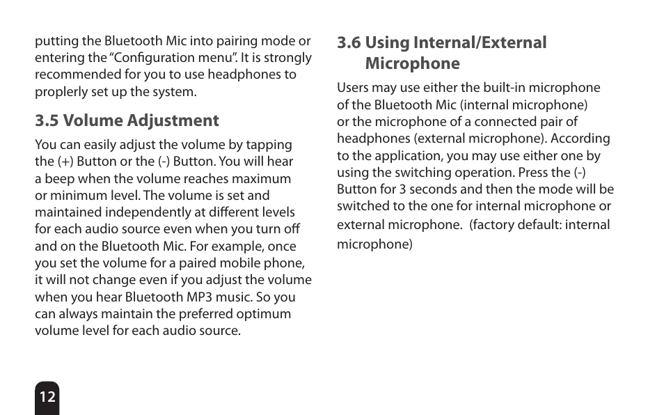 5 volume adjustment, 6 using internal/external microphone | SENA Bluetooth Mic Supplies Kit User Manual | Page 12 / 68