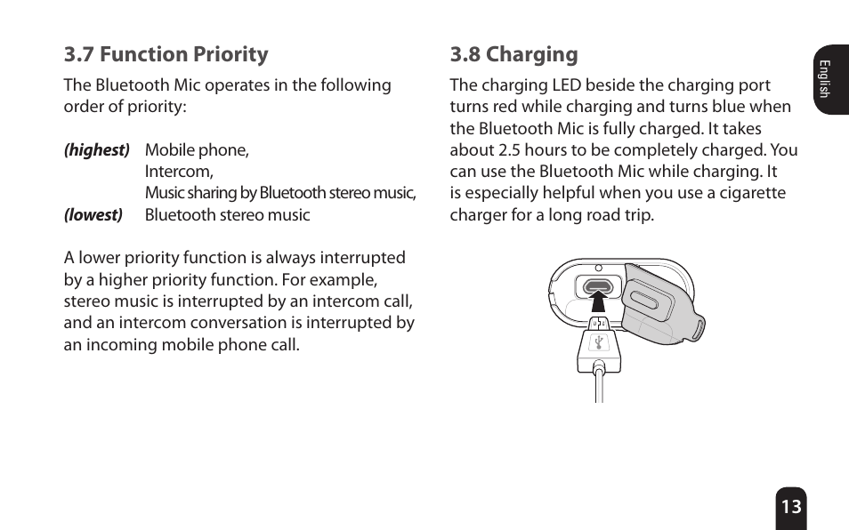 7 function priority, 8 charging | SENA Bluetooth Mic Supplies Kit User Manual | Page 13 / 68