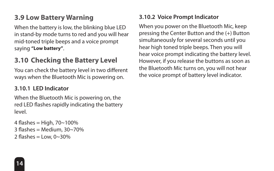 9 low battery warning, 10 checking the battery level | SENA Bluetooth Mic Supplies Kit User Manual | Page 14 / 68