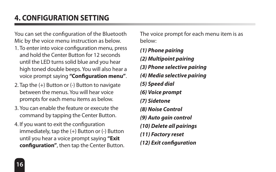 Configuration setting | SENA Bluetooth Mic Supplies Kit User Manual | Page 16 / 68