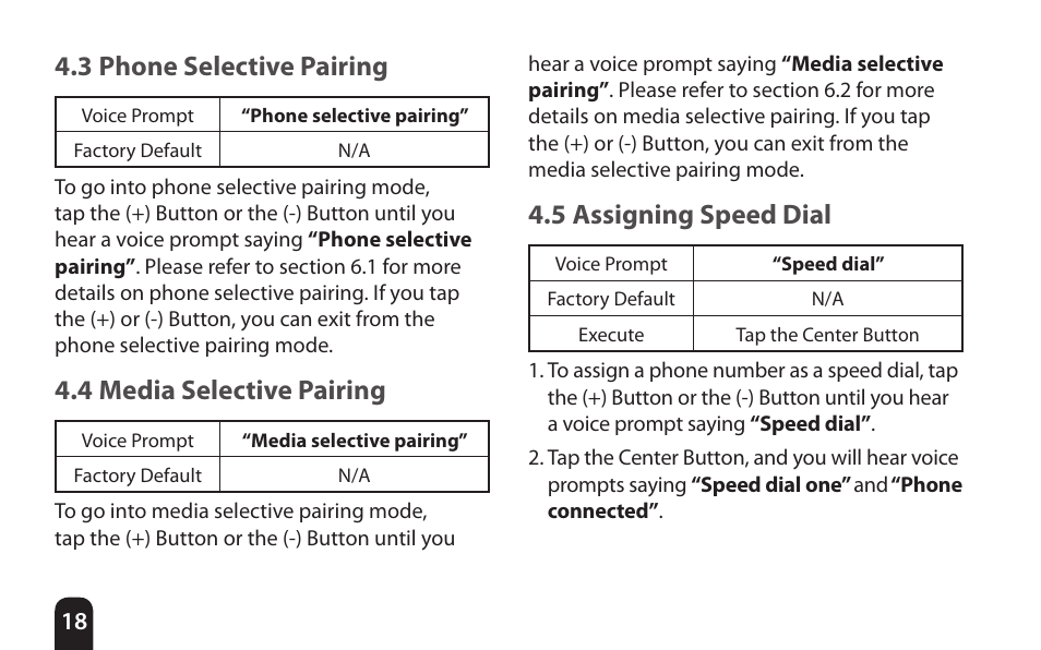 3 phone selective pairing, 4 media selective pairing, 5 assigning speed dial | SENA Bluetooth Mic Supplies Kit User Manual | Page 18 / 68
