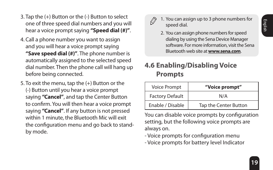 6 enabling/disabling voice prompts | SENA Bluetooth Mic Supplies Kit User Manual | Page 19 / 68