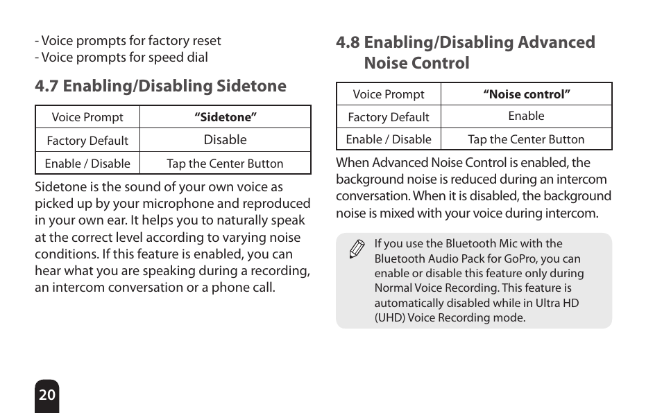 7 enabling/disabling sidetone, 8 enabling/disabling advanced noise control, 8 enabling/disabling advanced noise | Control | SENA Bluetooth Mic Supplies Kit User Manual | Page 20 / 68