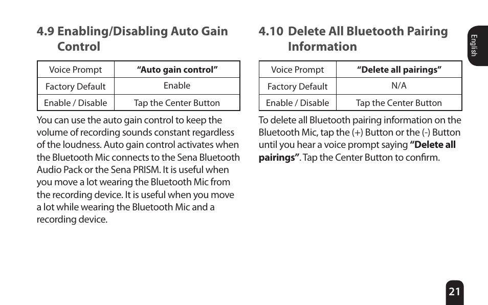 9 enabling/disabling auto gain control, 10 delete all bluetooth pairing information | SENA Bluetooth Mic Supplies Kit User Manual | Page 21 / 68