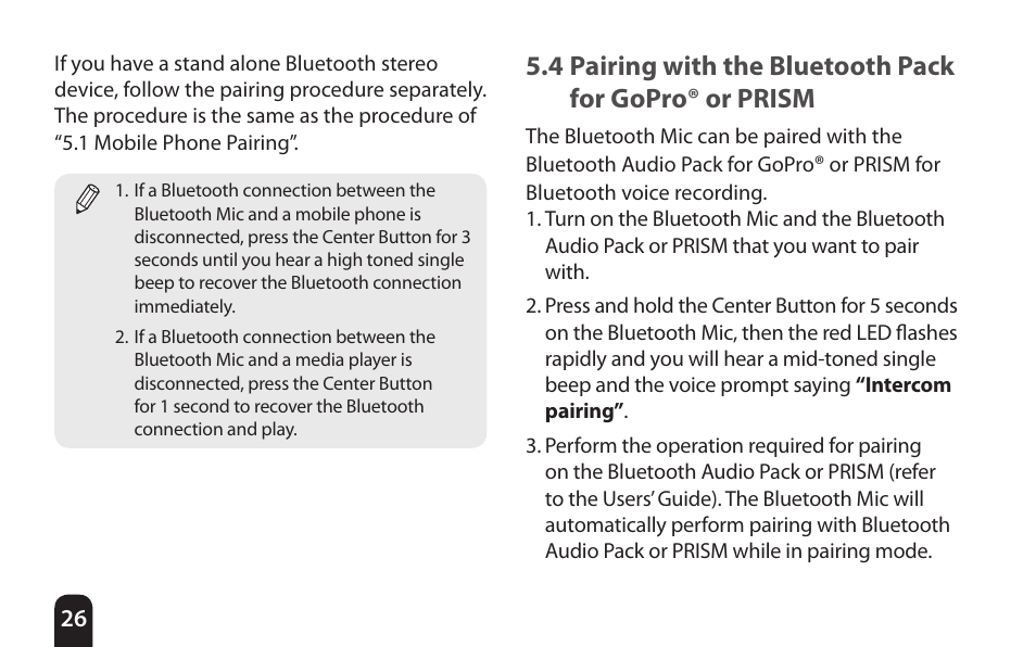 4 pairing with the bluetooth pack for gopro, Or prism | SENA Bluetooth Mic Supplies Kit User Manual | Page 26 / 68