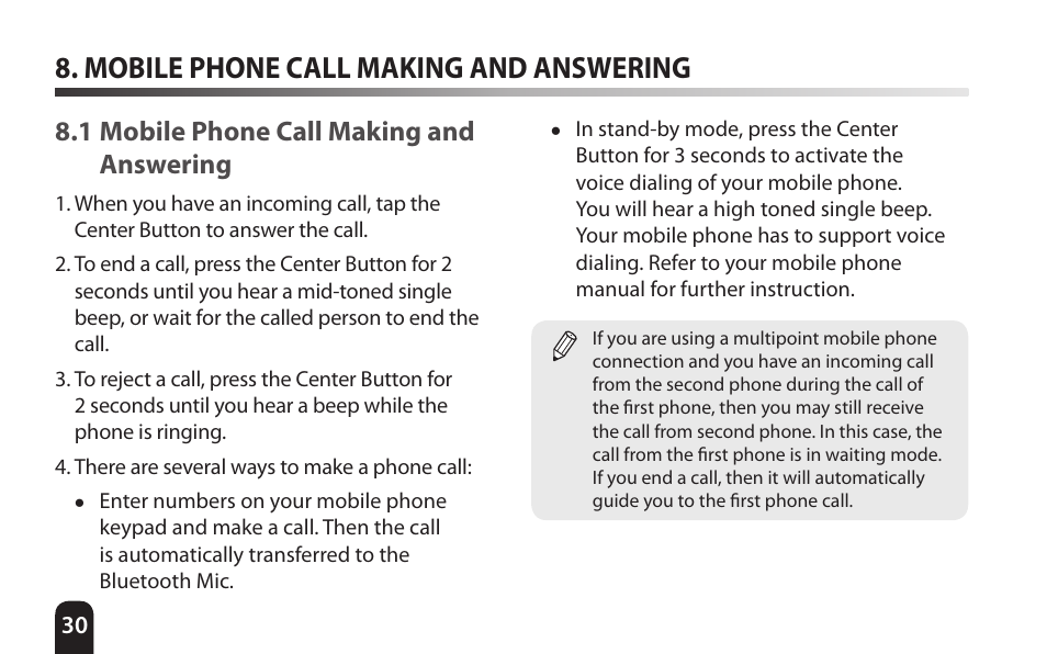 Mobile phone call making and answering, 1 mobile phone call making and answering, Mobile phone call making and | Answering | SENA Bluetooth Mic Supplies Kit User Manual | Page 30 / 68