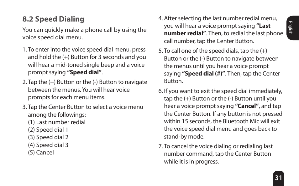 2 speed dialing | SENA Bluetooth Mic Supplies Kit User Manual | Page 31 / 68