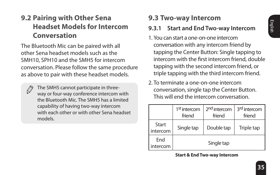 3 two-way intercom, 2 pairing with other sena headset models, For intercom conversation | SENA Bluetooth Mic Supplies Kit User Manual | Page 35 / 68