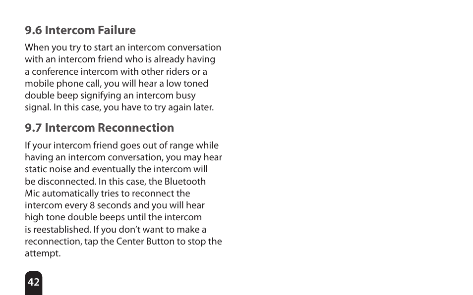 6 intercom failure, 7 intercom reconnection | SENA Bluetooth Mic Supplies Kit User Manual | Page 42 / 68