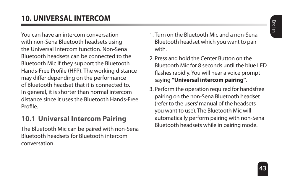 Universal intercom, 1 universal intercom pairing | SENA Bluetooth Mic Supplies Kit User Manual | Page 43 / 68