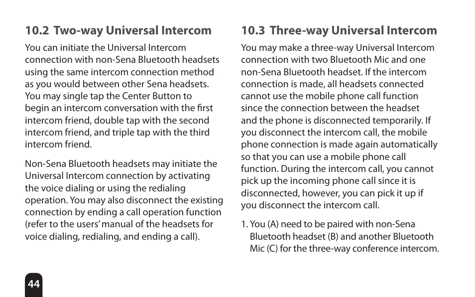 2 two-way universal intercom, 3 three-way universal intercom | SENA Bluetooth Mic Supplies Kit User Manual | Page 44 / 68