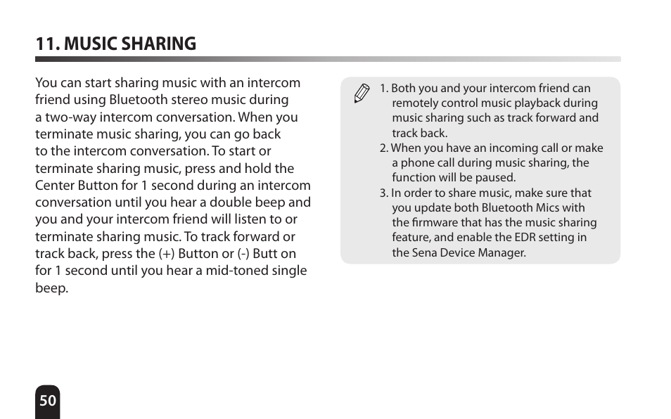 Music sharing | SENA Bluetooth Mic Supplies Kit User Manual | Page 50 / 68