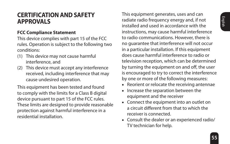 Certification and safety approvals, Fcc compliance statement | SENA Bluetooth Mic Supplies Kit User Manual | Page 55 / 68