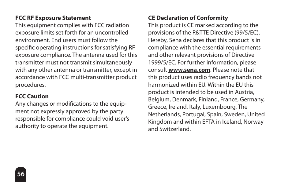 Fcc rf exposure statement, Fcc caution, Ce declaration of conformity | SENA Bluetooth Mic Supplies Kit User Manual | Page 56 / 68