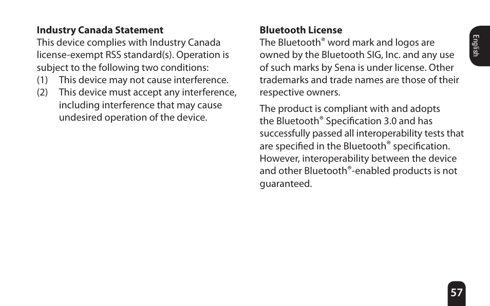 Industry canada statement, Bluetooth license | SENA Bluetooth Mic Supplies Kit User Manual | Page 57 / 68
