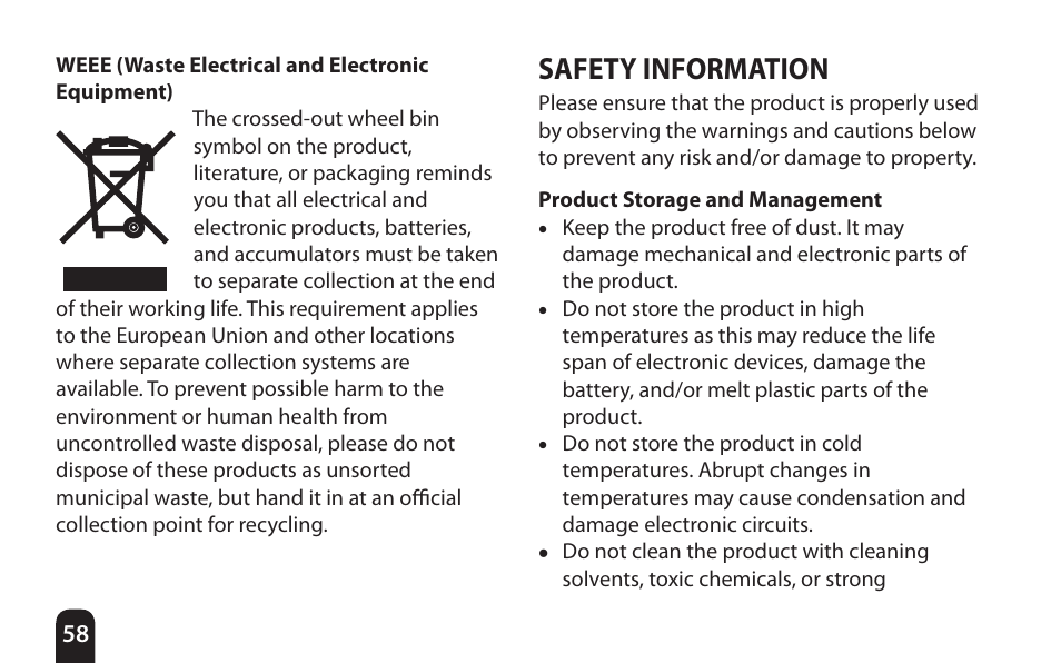 Weee (waste electrical and electronic equipment), Safety information, Product storage and management | Weee (waste electrical and electronic, Equipment) | SENA Bluetooth Mic Supplies Kit User Manual | Page 58 / 68