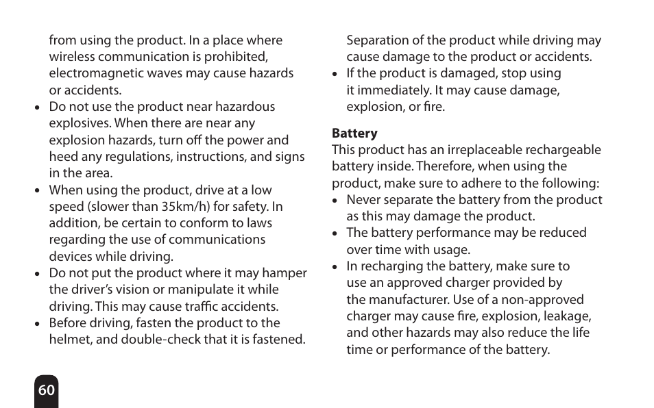 Battery | SENA Bluetooth Mic Supplies Kit User Manual | Page 60 / 68