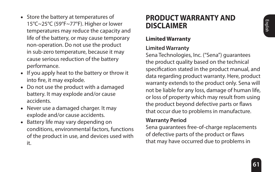 Product warranty and disclaimer, Limited warranty | SENA Bluetooth Mic Supplies Kit User Manual | Page 61 / 68