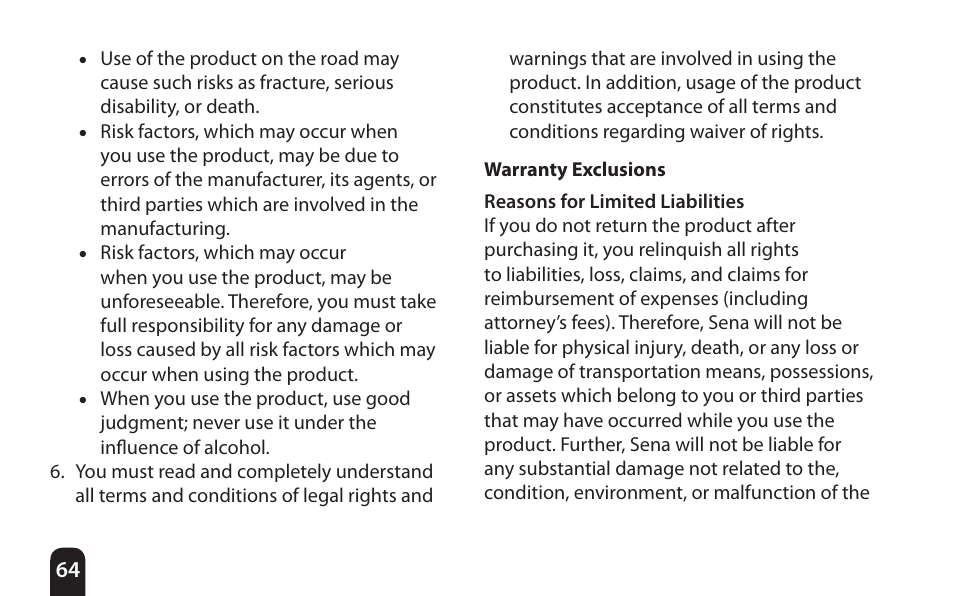 Warranty exclusions | SENA Bluetooth Mic Supplies Kit User Manual | Page 64 / 68