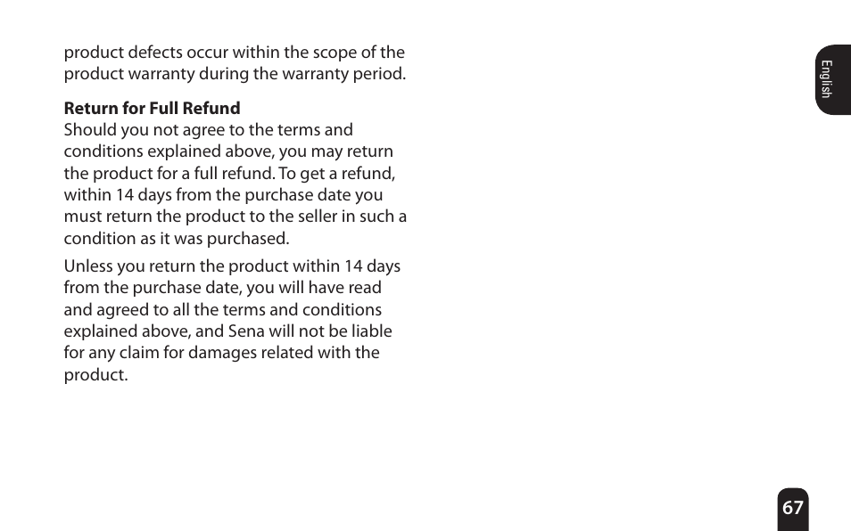 Return for full refund | SENA Bluetooth Mic Supplies Kit User Manual | Page 67 / 68
