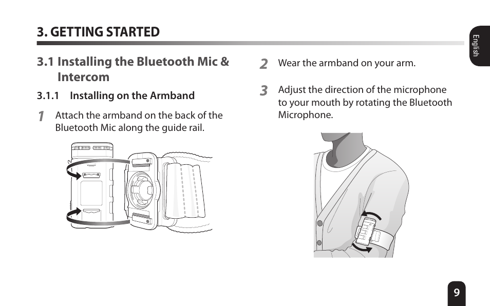 Getting started, 1 installing the bluetooth mic & intercom | SENA Bluetooth Mic Supplies Kit User Manual | Page 9 / 68