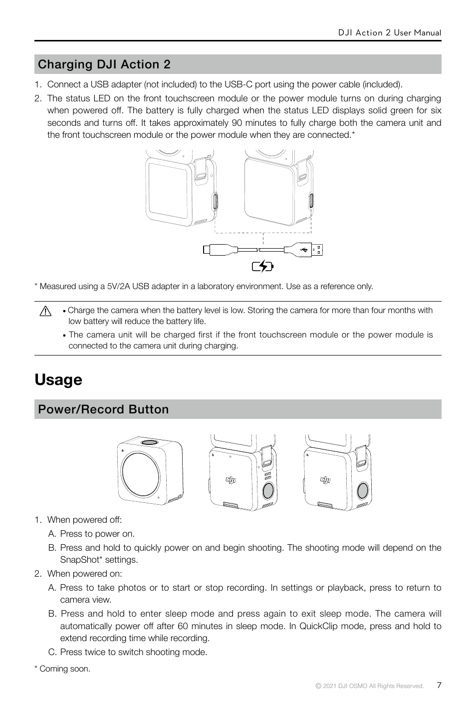 Usage, Charging dji action 2, Power/record button | DJI Action 2 Front Touchscreen Module User Manual | Page 10 / 23