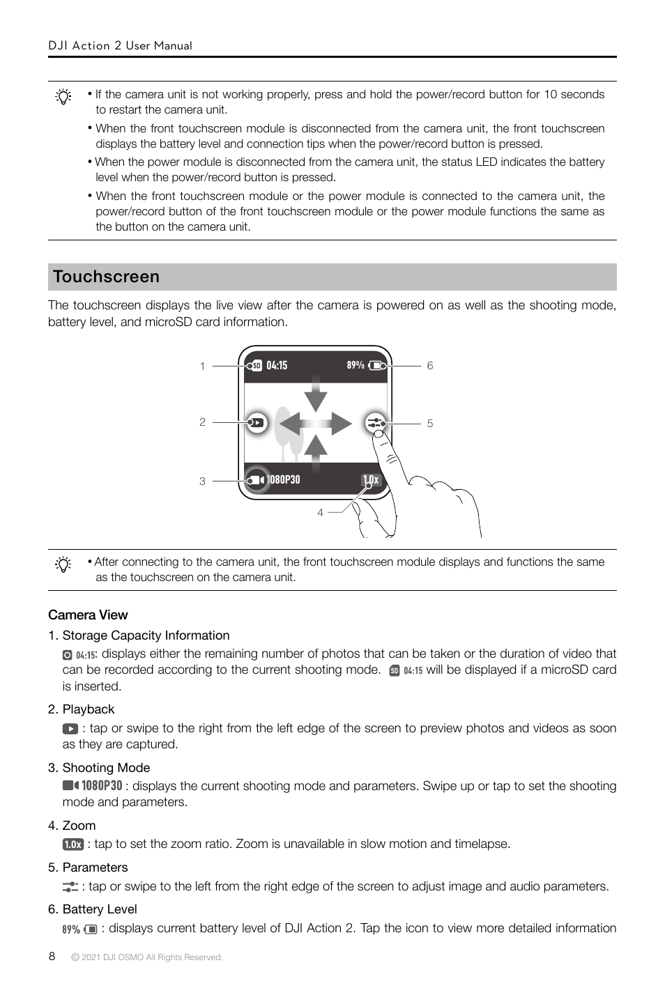 Not final | DJI Action 2 Front Touchscreen Module User Manual | Page 11 / 23