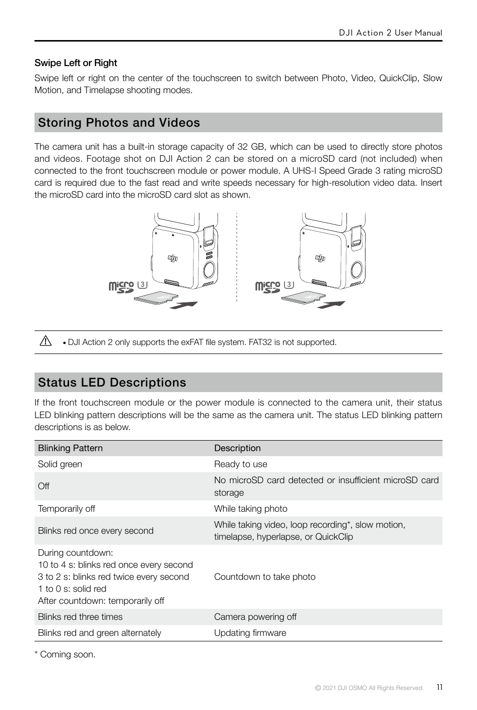 Status led descriptions, Storing photos and videos | DJI Action 2 Front Touchscreen Module User Manual | Page 14 / 23