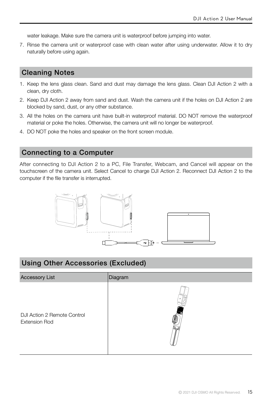 Connecting to a computer, Using other accessories (excluded) | DJI Action 2 Front Touchscreen Module User Manual | Page 18 / 23
