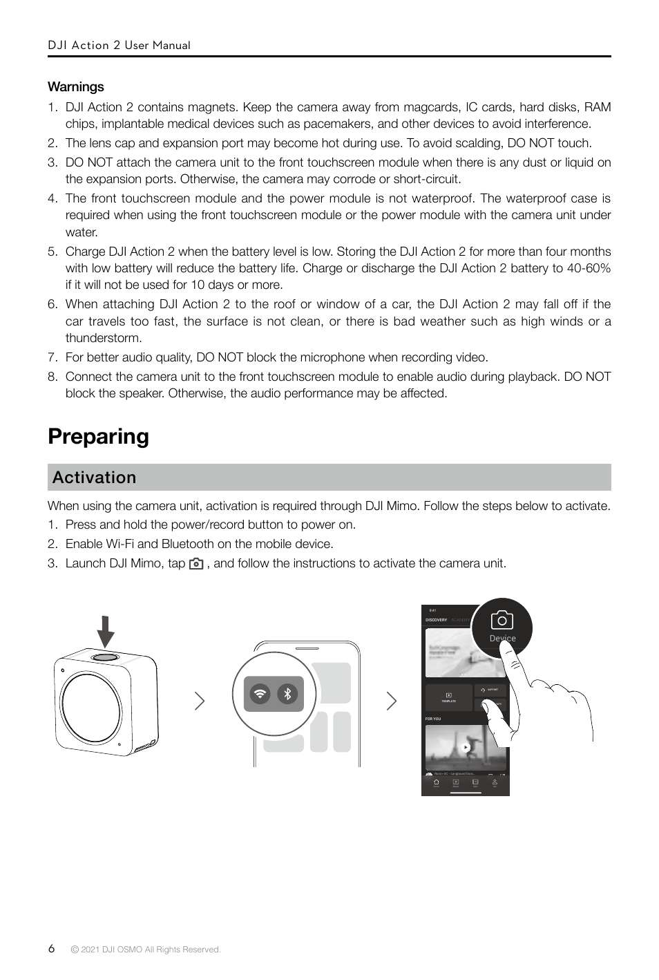 Not final, Preparing, Activation | 发现 学院 | DJI Action 2 Front Touchscreen Module User Manual | Page 9 / 23