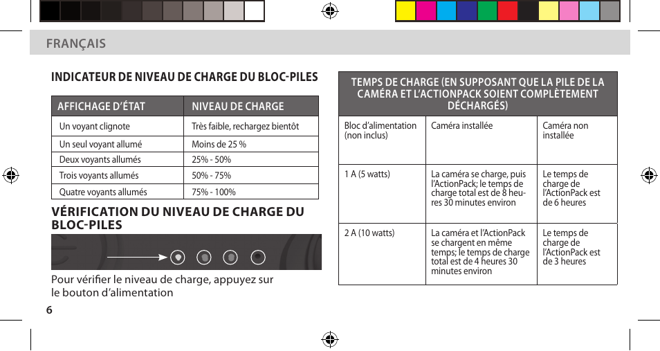 Français, Indicateur de niveau de charge du bloc-piles, Vérification du niveau de charge du bloc-piles | DigiPower Re-Fuel ActionPack Battery for HERO11/10/9 Black Editions User Manual | Page 37 / 45