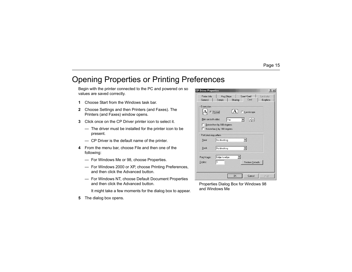Opening properties or printing preferences | Datacard Group CP40 User Manual | Page 18 / 32