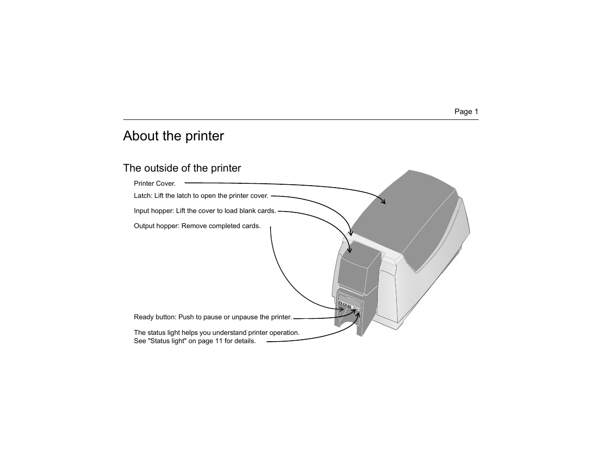 About the printer, The outside of the printer | Datacard Group CP40 User Manual | Page 4 / 32