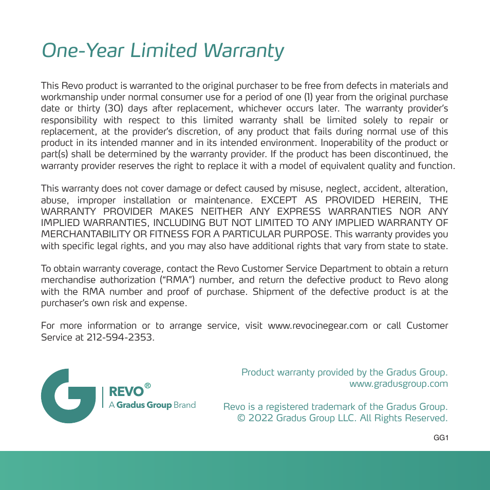 One-year limited warranty, Revo | Revo NVG Mount for Action Cameras User Manual | Page 4 / 4