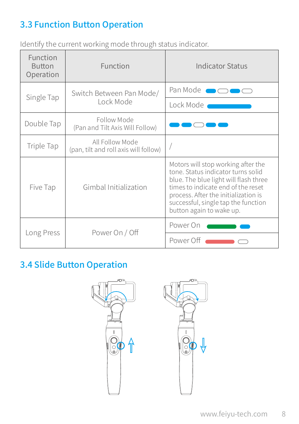 3 function button operation, 4 slide button operation, 3 function button operation………………………………………………… 8 | 4 slide button operation …………………………………………………… 8 | Feiyu Vimble 2A Telescoping 3-Axis Handheld Gimbal for HERO8/7/6/5 & More User Manual | Page 10 / 21