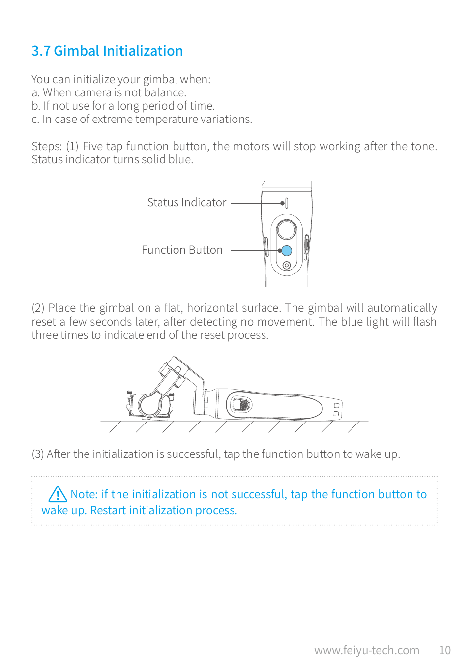 7 gimbal initialization, 7 gimbal initialization ………………………………………………………… 10 | Feiyu Vimble 2A Telescoping 3-Axis Handheld Gimbal for HERO8/7/6/5 & More User Manual | Page 12 / 21