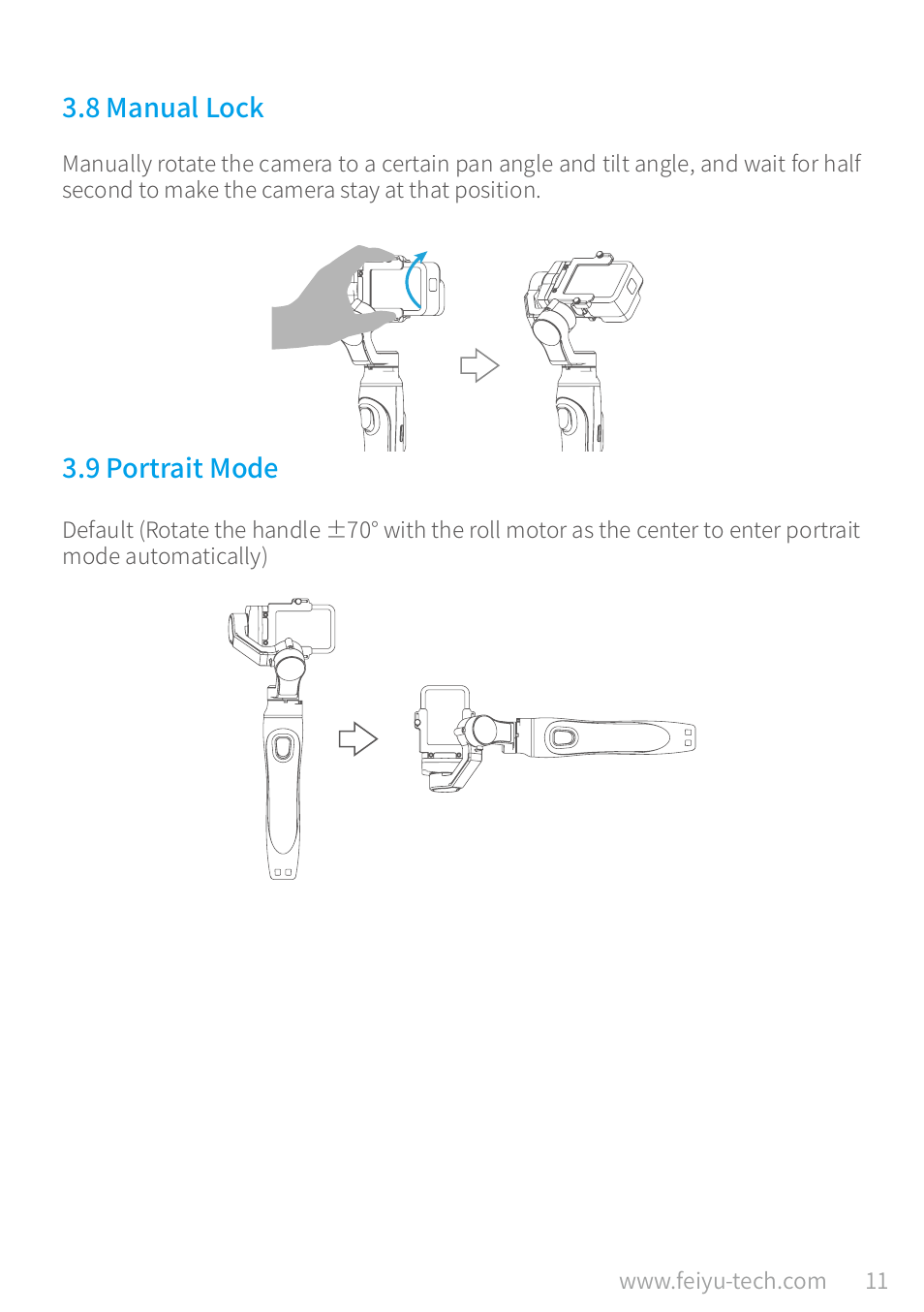 8 manual lock, 9 portrait mode, 8 manual lock ………………………………………………………………… 11 | 9 portrait mode ……………………………………………………………… 11 | Feiyu Vimble 2A Telescoping 3-Axis Handheld Gimbal for HERO8/7/6/5 & More User Manual | Page 13 / 21