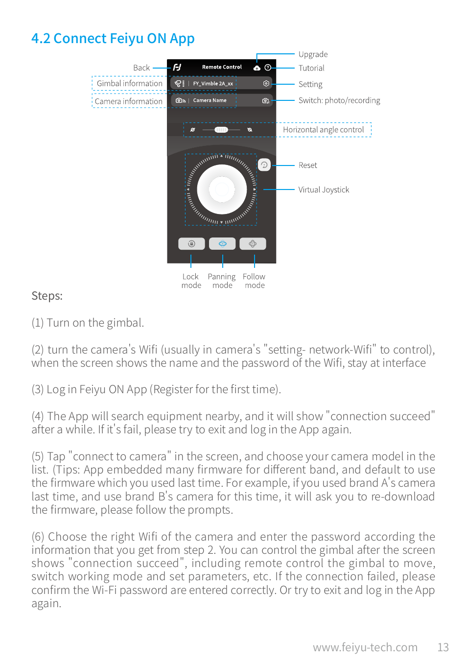 2 connect feiyu on app, 2 connect feiyu on app …………………………………………………… 13 | Feiyu Vimble 2A Telescoping 3-Axis Handheld Gimbal for HERO8/7/6/5 & More User Manual | Page 15 / 21