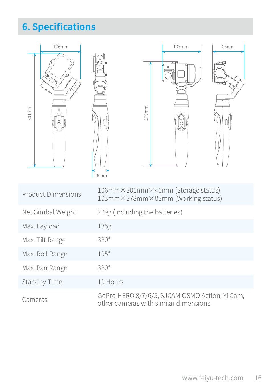 Specifications, Specifications …………………………………………………… 16 | Feiyu Vimble 2A Telescoping 3-Axis Handheld Gimbal for HERO8/7/6/5 & More User Manual | Page 18 / 21