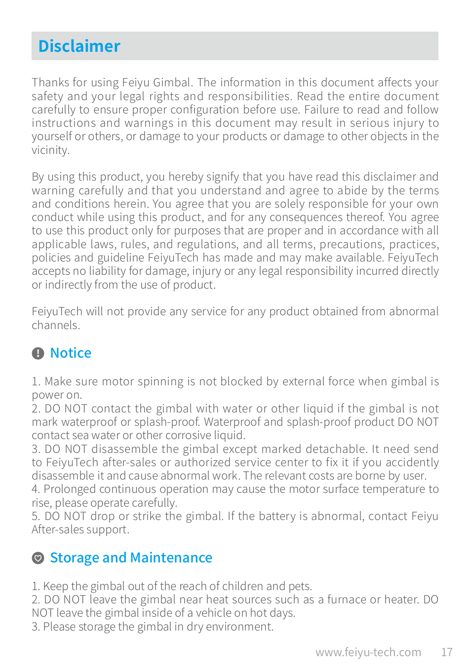 Disclaimer, Disclaimer …………………………………………………………… 17, Notice | Storage and maintenance | Feiyu Vimble 2A Telescoping 3-Axis Handheld Gimbal for HERO8/7/6/5 & More User Manual | Page 19 / 21