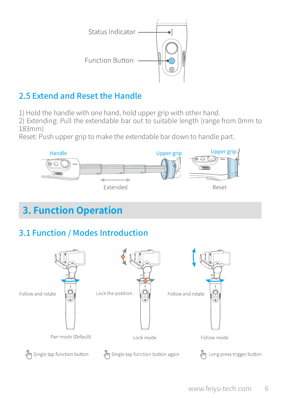 5 extend and reset the handle, Function operation, 1 function / modes introduction | 5 extend and reset the handle ……………………………………………… 6, Function operation …………………………………………… 6 | Feiyu Vimble 2A Telescoping 3-Axis Handheld Gimbal for HERO8/7/6/5 & More User Manual | Page 8 / 21