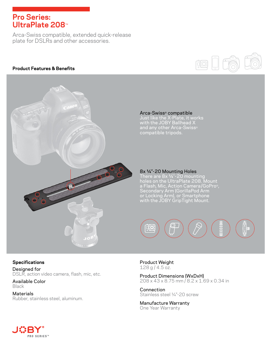Joby_ss_09012014_ultraplate208, Pro series: ultraplate 208 | JOBY 1/4"-20 Hub Adapter User Manual | Page 2 / 7