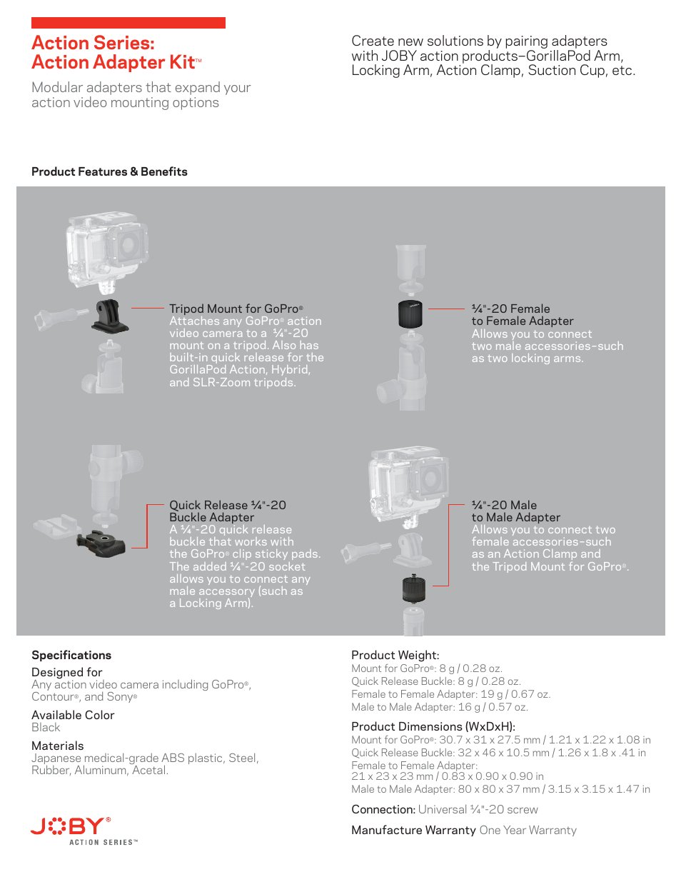 Joby_ss_actionadapter kit, Action series: action adapter kit | JOBY 1/4"-20 Hub Adapter User Manual | Page 3 / 7