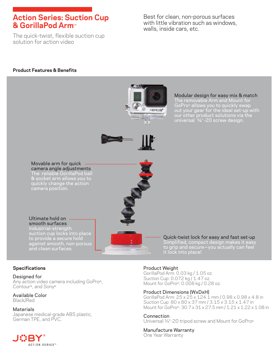 Action series: suction cup & gorillapod arm | JOBY 1/4"-20 Hub Adapter User Manual | Page 6 / 7