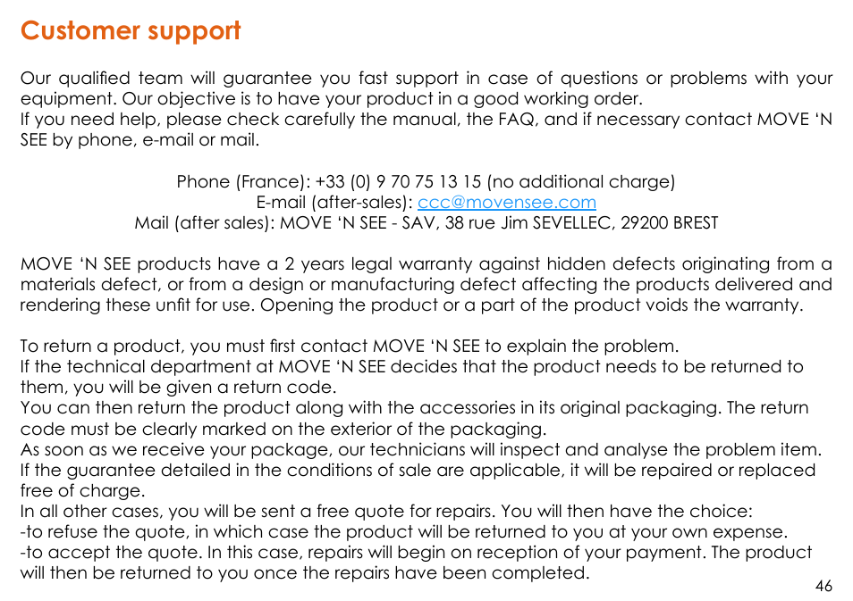 Customer support | MOVE'N SEE Personal Auto-Follow System User Manual | Page 46 / 49