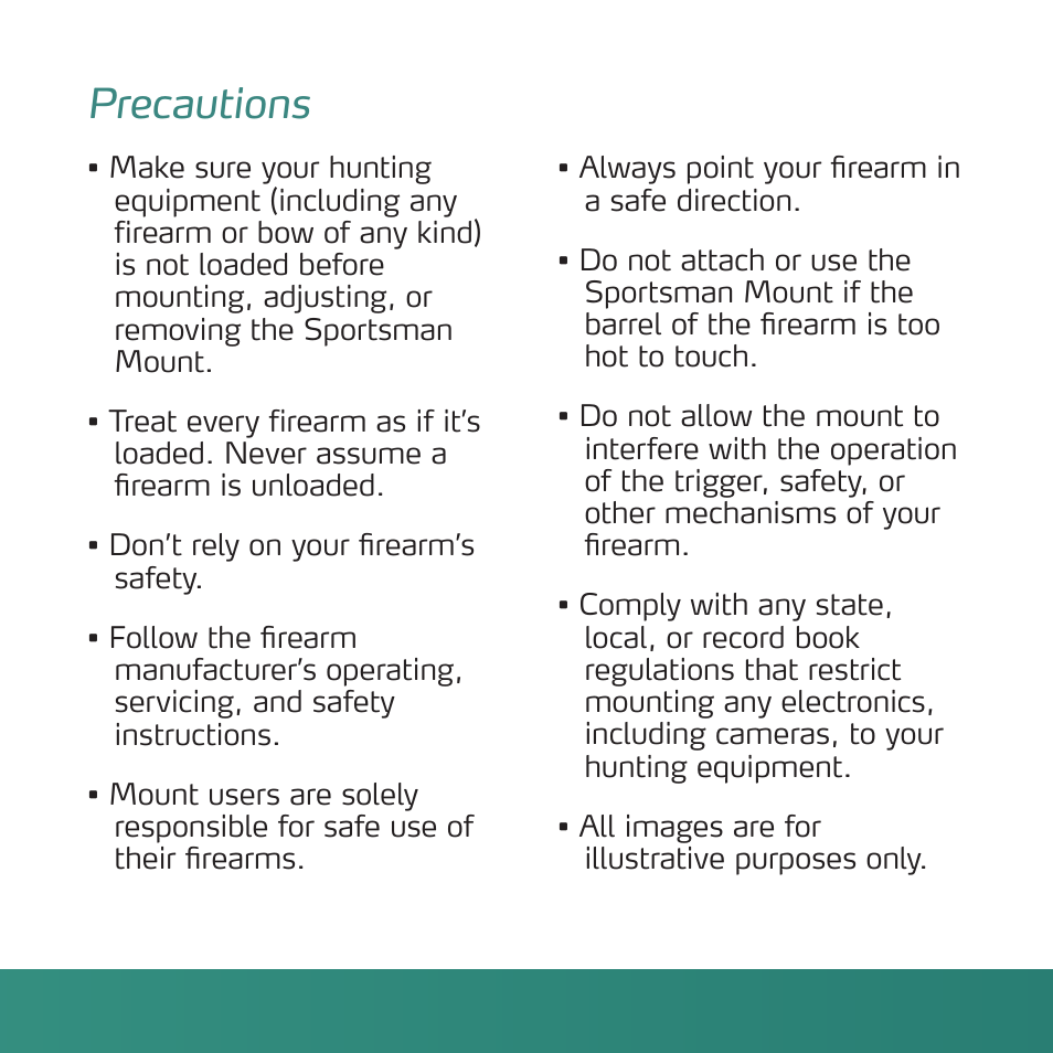 Precautions | Revo Sportsman Mount for Action Cameras User Manual | Page 3 / 6