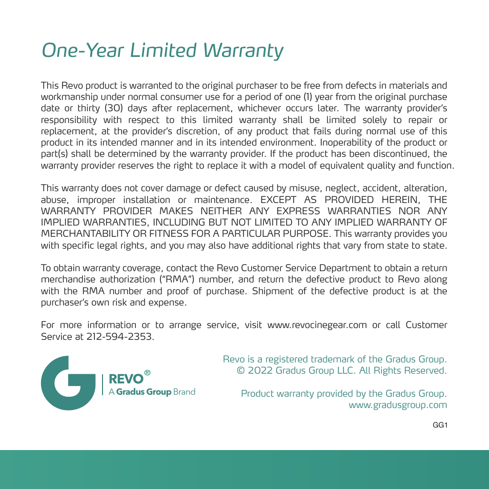 One-year limited warranty, Revo | Revo Sportsman Mount for Action Cameras User Manual | Page 6 / 6