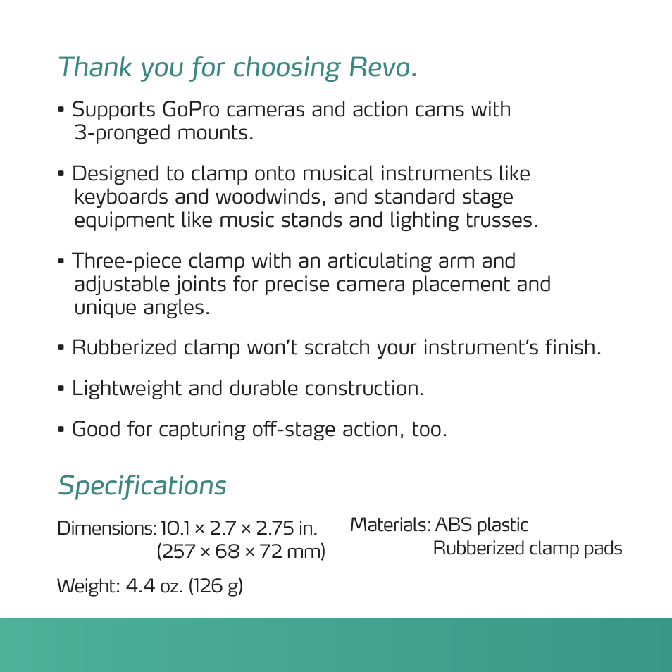 Specifications | Revo Adjustable Music Mount for Action Cameras User Manual | Page 2 / 4