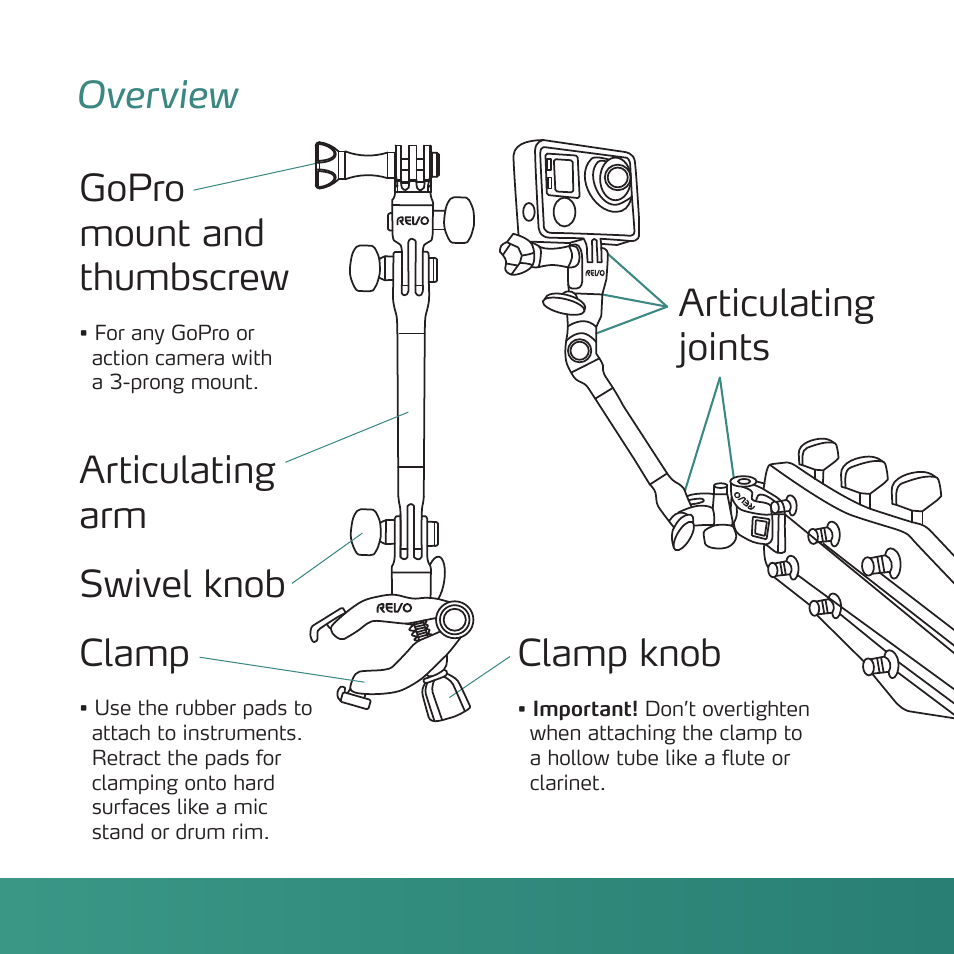 Overview gopro mount and thumbscrew, Articulating arm swivel knob clamp, Specifications | Clamp knob, Articulating joints | Revo Adjustable Music Mount for Action Cameras User Manual | Page 3 / 4
