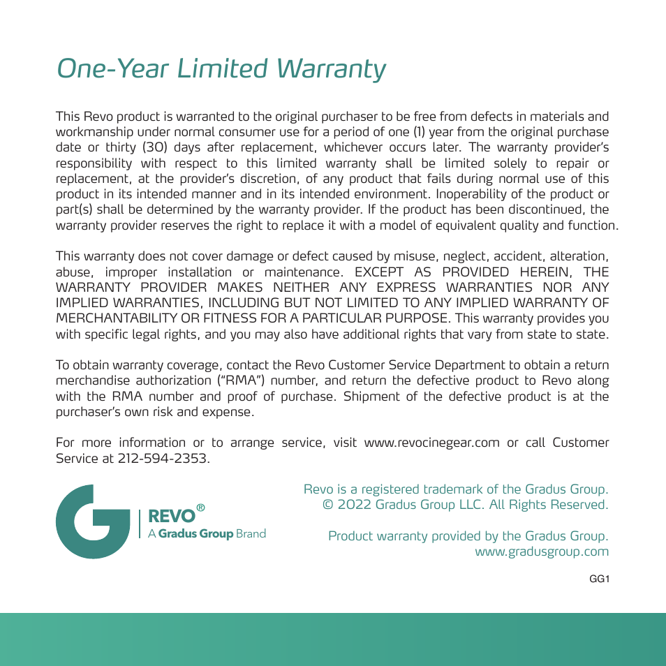 One-year limited warranty, Revo | Revo Adjustable Music Mount for Action Cameras User Manual | Page 4 / 4